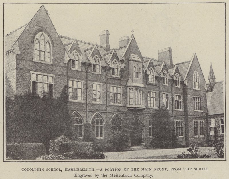 Godolphin School, Hammersmith, osa pääjulkisivua etelästä (kaiverrus). tekijältä English School