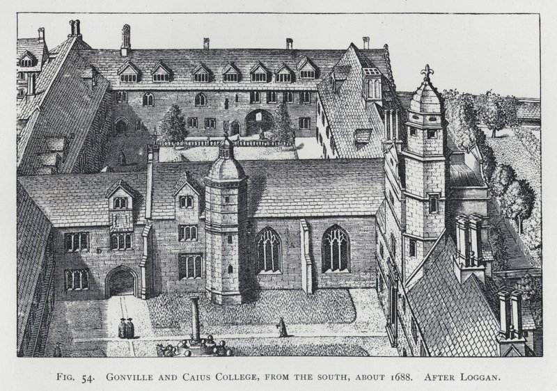 Gonville ja Caius College, etelästä, noin 1688, Logganin jälkeen (kaiverrus) tekijältä English School