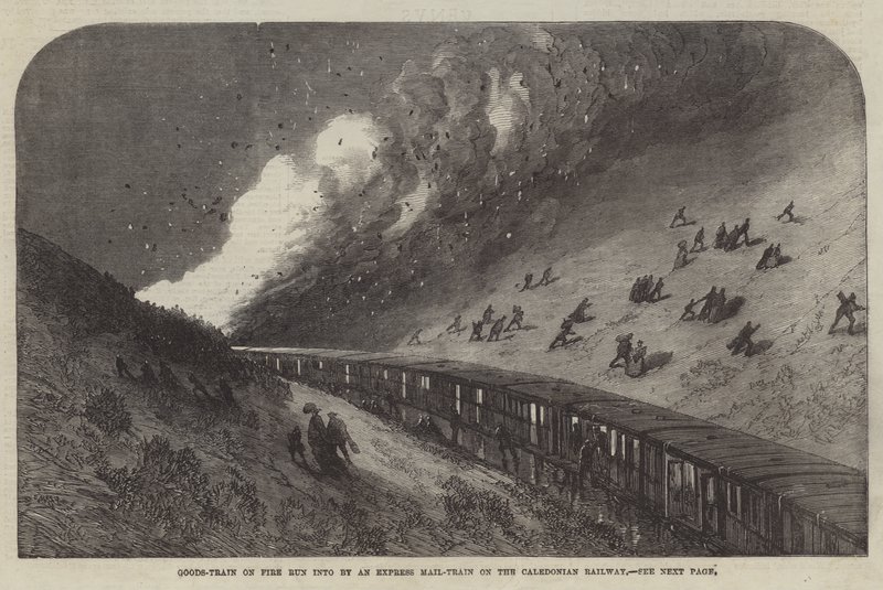 Palossa oleva tavarajuna, johon törmäsi pikapostijuna Caledonian Railwaylla (kaiverrus) tekijältä English School