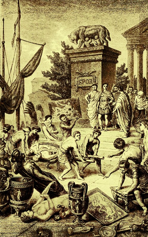 Kreikkalainen kulttuuri - patsaat ja taideteokset, jotka kuljetettiin Roomaan, kuvitus The Illustrated History of the World -julkaisusta, julkaistu n. 1880 (digitaalisesti paranneltu kuva) tekijältä English School