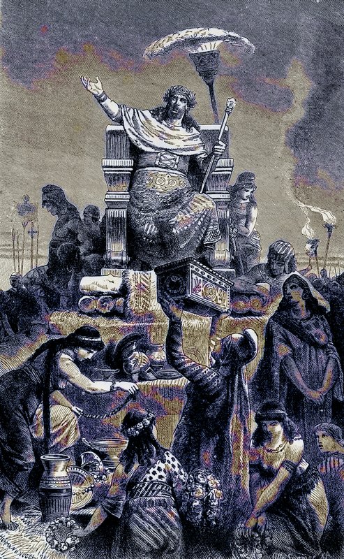 Kreikan rappeutuminen - Kroisus hautajaispinossa, kuvitus The Illustrated History of the World -julkaisusta, julkaistu n. 1880 (digitaalisesti paranneltu kuva) tekijältä English School