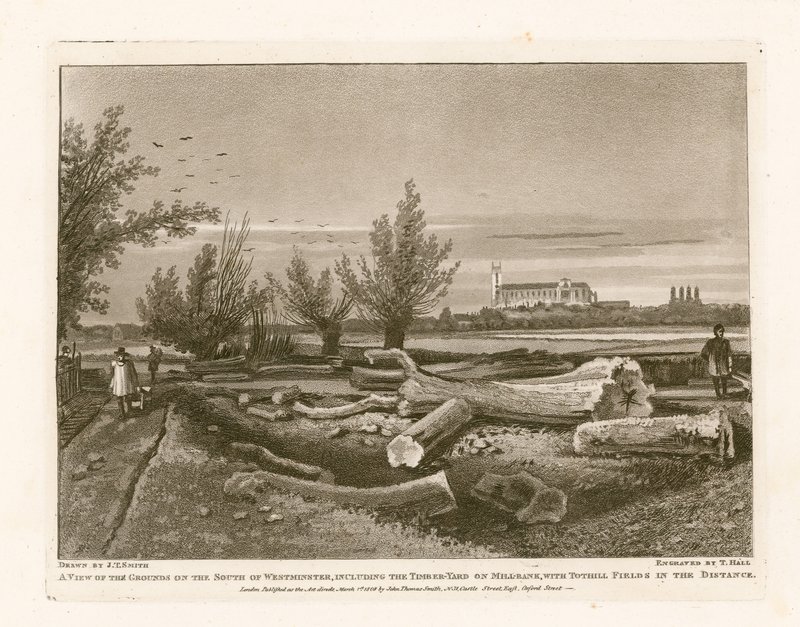 Tontti Westminsterin eteläpuolella, mukaan lukien Millbankin Timber Yard tekijältä English School