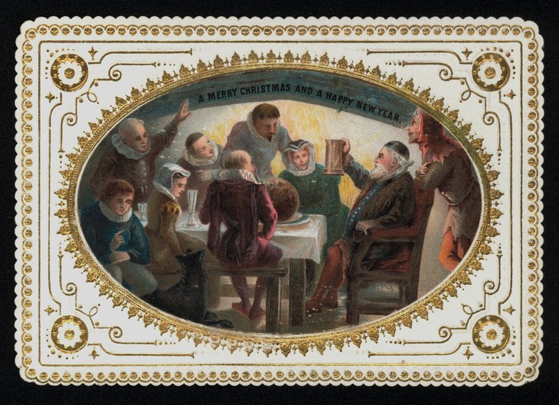 Ryhmä miehiä ja naisia 1500-luvulta paahtamassa juhlaa, joulutervehdyskortti (chromolitho) tekijältä English School