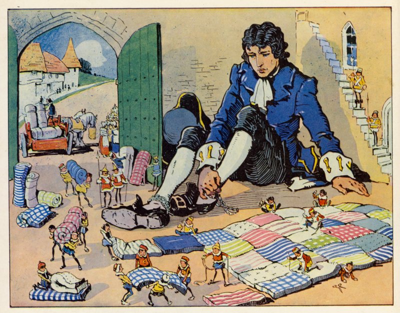 Gulliverin matkat: Gulliver: Keisari teetti hänelle sängyn (värilitografia). tekijältä English School