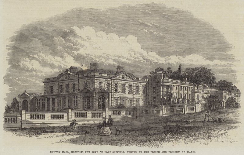 Gunton Hall, Norfolk, lordi Suffieldin kotipaikka, jossa Walesin prinssi ja prinsessa vierailivat (kaiverrus). tekijältä English School