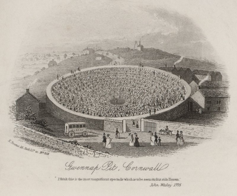 Gwennap Pit, Cornwall, jossa John Wesley saarnasi useaan otteeseen vuosina 1762-1789 (kaiverrus) tekijältä English School