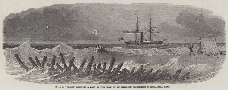 HMS "Alban" pelastaa osan amerikkalaisen brigantineen miehistöstä Serranilla Keysissä (kaiverrus) tekijältä English School