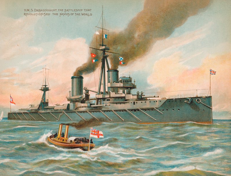HMS Dreadnought, brittiläinen taistelulaiva, joka mullisti merivoiman (chromolitho) tekijältä English School