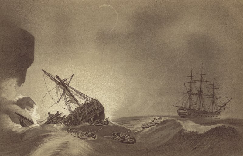 HMS Impetueux, komentaja kapteeni Thomas Byam Martin, pelastamassa HMS Venerablen miehistöä kapteeni J Hunterin johdolla, haaksirikkoutui Torbayssa, Devonissa, 24. marraskuuta 1804 (litho) tekijältä English School