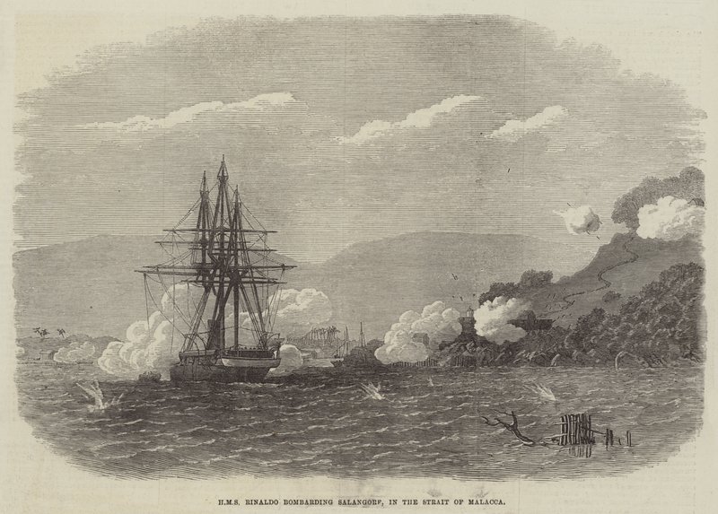 HMS Rinaldo pommittaa Salangorea Malaccan salmessa (kaiverrus) tekijältä English School