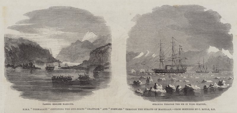 HMS "Termagant" saattoi tykkiveneet "Grappler" ja "Forward" Magellanin salmen läpi (kaiverrus) tekijältä English School