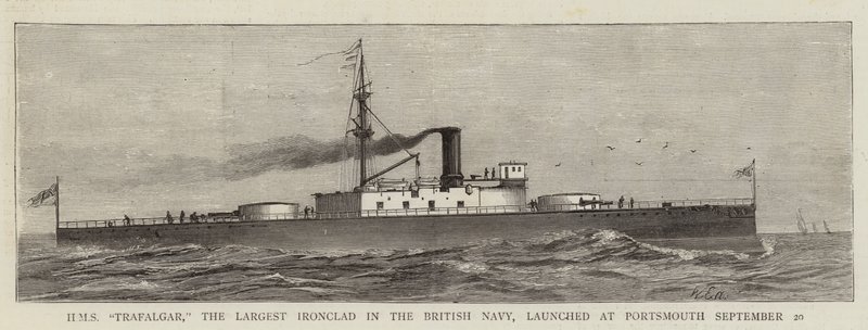 HMS "Trafalgar", Britannian laivaston suurin rautapuku, laukaistiin Portsmouthissa 20. syyskuuta (kaiverrus) tekijältä English School
