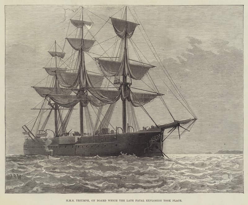 HMS Triumph, jolla myöhäinen kohtalokas räjähdys tapahtui (kaiverrus) tekijältä English School