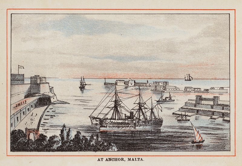 HM Indian Troop-Ship: Ankkurissa, Malta (värillinen kaiverrus). tekijältä English School