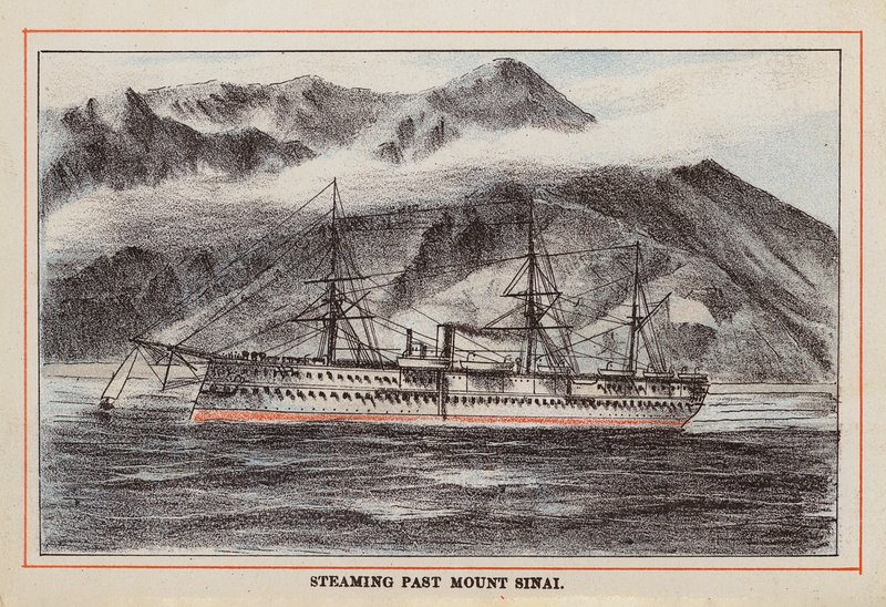 HM Indian Troop-Ship: Steaming Past Mount Sinai (värillinen kaiverrus). tekijältä English School