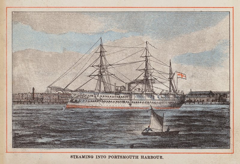 HM Indian Troop-Ship: Steaming into Portsmouth Harbour (värillinen kaiverrus). tekijältä English School