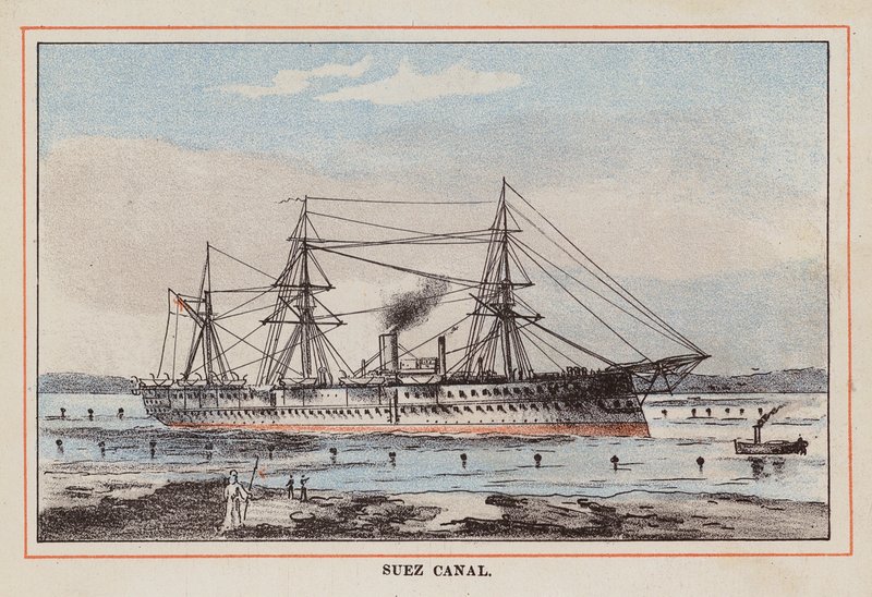 HM Indian Troop-Ship: Suezin kanava (värillinen kaiverrus). tekijältä English School