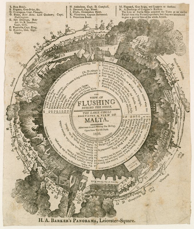 H A Barkersin näkymä Flushingista Maltan piirityksen aikana, 1810, Panorama, Leicester Square, Lontoo tekijältä English School