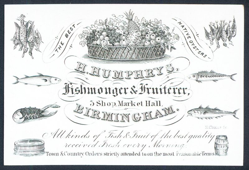 H Humphrys, Fishmonger and Fruiterer, kauppakortti tekijältä English School