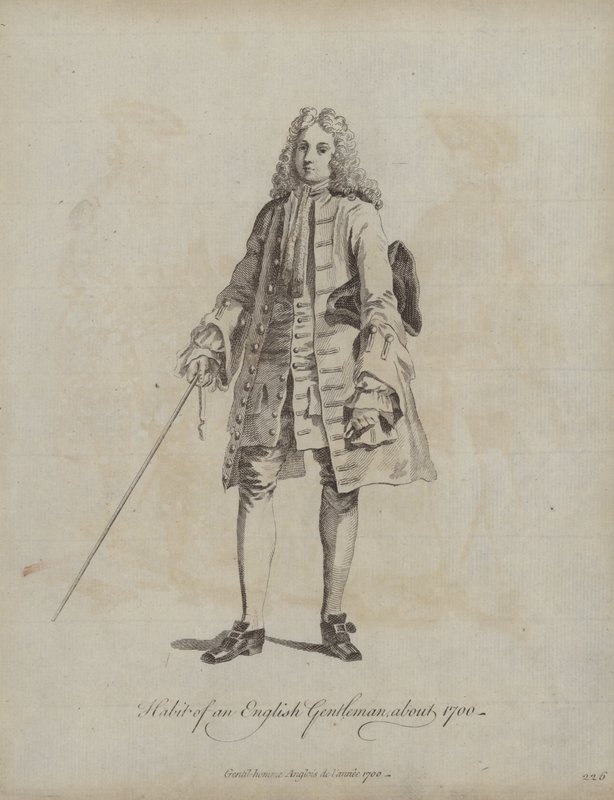 Englantilaisen herrasmiehen tottumus noin 1700 (kaiverrus). tekijältä English School