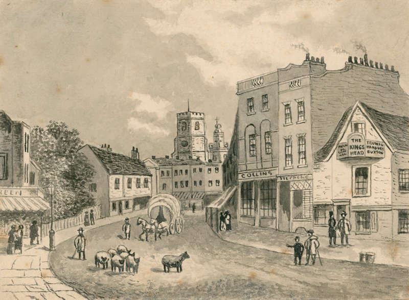 Hackney katselee kirkkoa kohti, vuonna 1840 (wc paperilla) tekijältä English School