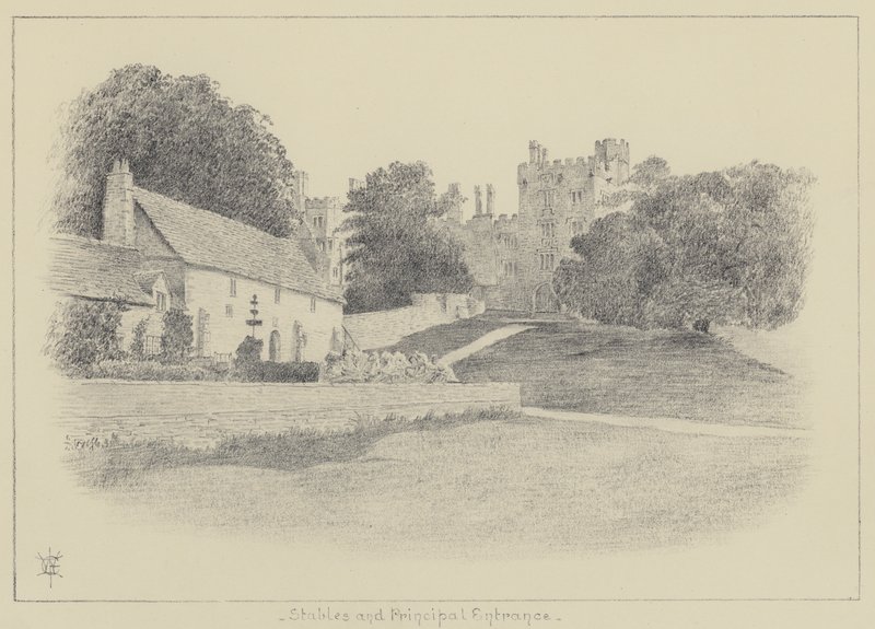 Haddon Hall, tallit ja pääsisäänkäynti (litho) tekijältä English School