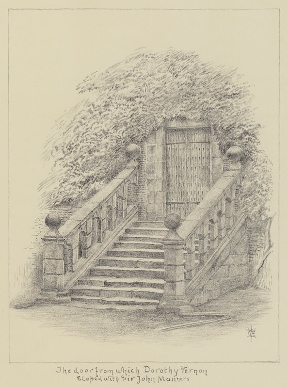 Haddon Hall, Ovi, josta Dorothy Vernon karkasi Sir John Mannersin kanssa (litho) tekijältä English School