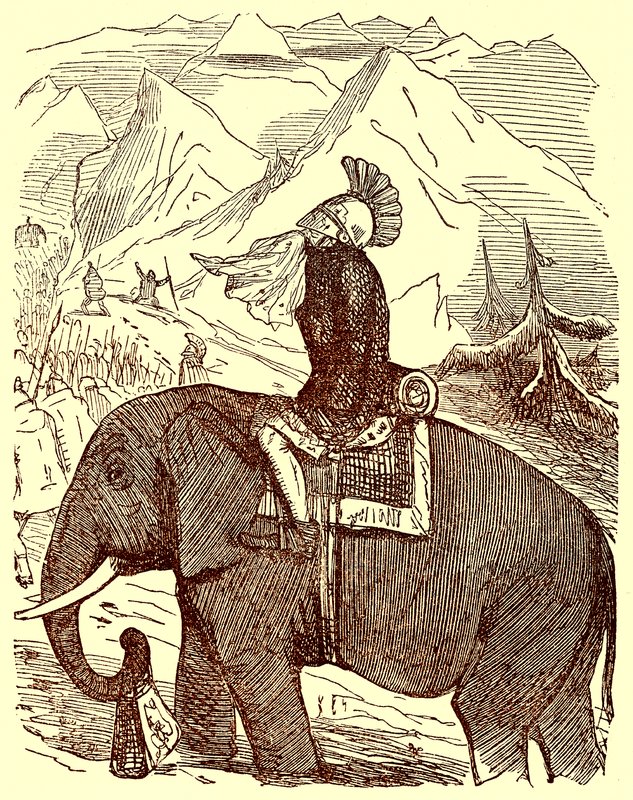 Hannibal Crossing the Alps, kuvitus Gilbert Abbott a Beckettin teoksesta The Comic History of Rome, julkaistu noin 1850 (digitaalisesti paranneltu kuva) tekijältä English School