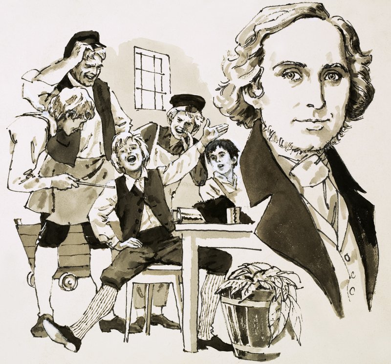 Hans Christian Andersen viihdyttää oppisopimustovereitaan laulamalla tekijältä English School