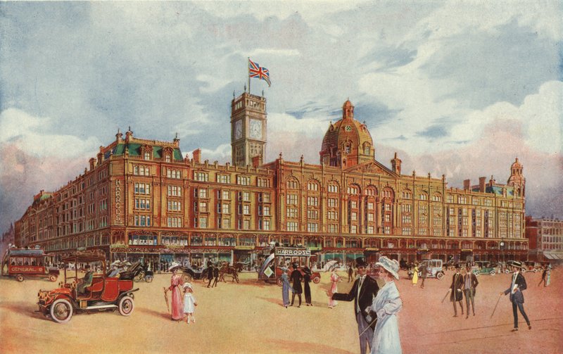 Harrods, jossa näkyy kruunaustorni, joka on lisätty kuningas Yrjö V:n kruunajaisten muistoksi tekijältä English School