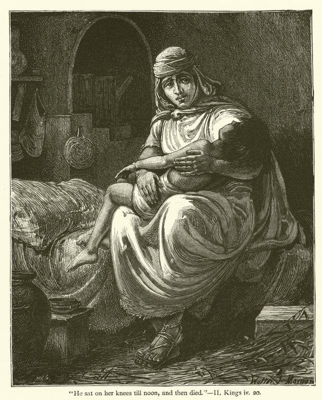 "Hän istui hänen polvillaan puoleenpäivään asti ja sitten kuoli", II, Kings, iv, 20 (kaiverrus) tekijältä English School