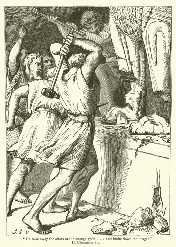 "Hän otti pois vieraiden jumalien alttarit… ja mursi kuvat", II, Chronicles, xiv, 3 (kaiverrus) tekijältä English School