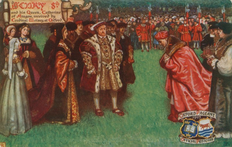 Henry 8th ja hänen kuningattarensa Katariina Aragonian vastaanottivat kardinaali Wolseyn Oxfordissa, 1518 tekijältä English School