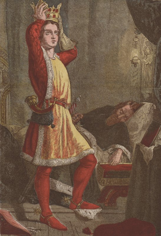 Henry, Walesin prinssi, tuleva kuningas Henry V, kokeilemassa isänsä kruunua (chromolitho) tekijältä English School