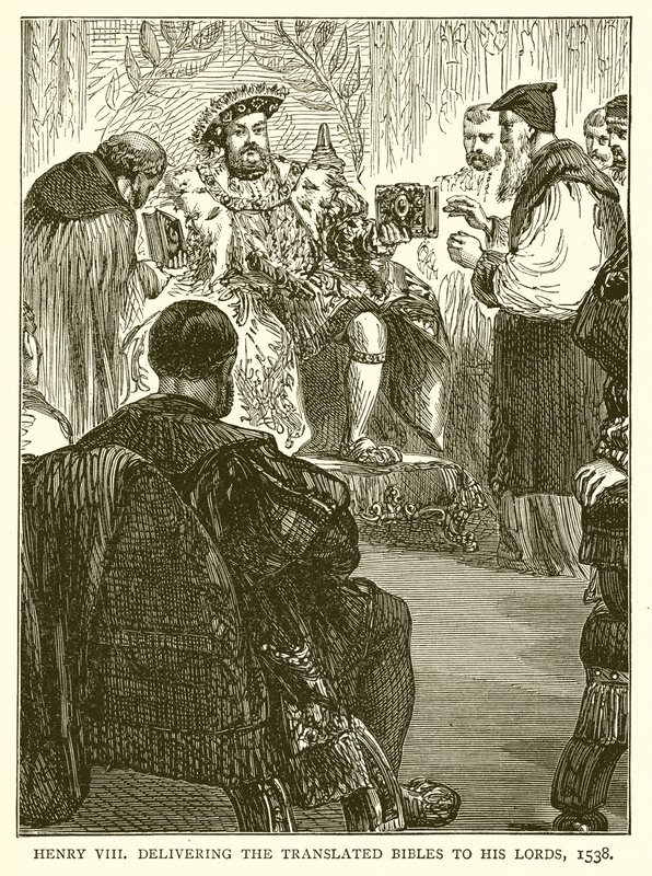 Henrik VIII toimittamassa käännettyjä raamattuja herroilleen, 1538 tekijältä English School