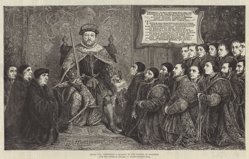 Henry VIII esittelee peruskirjan College of Surgeonsille (kaiverrus) tekijältä English School