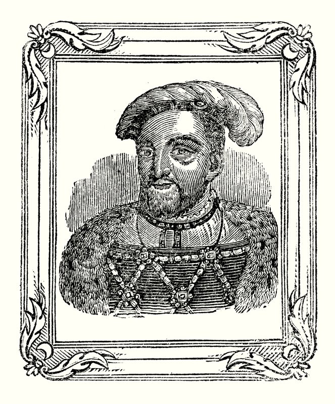 Henrik VIII syntyi vuonna 1490, kruunattiin vuonna 1509, kuoli vuonna 1547 (kaiverrus). tekijältä English School