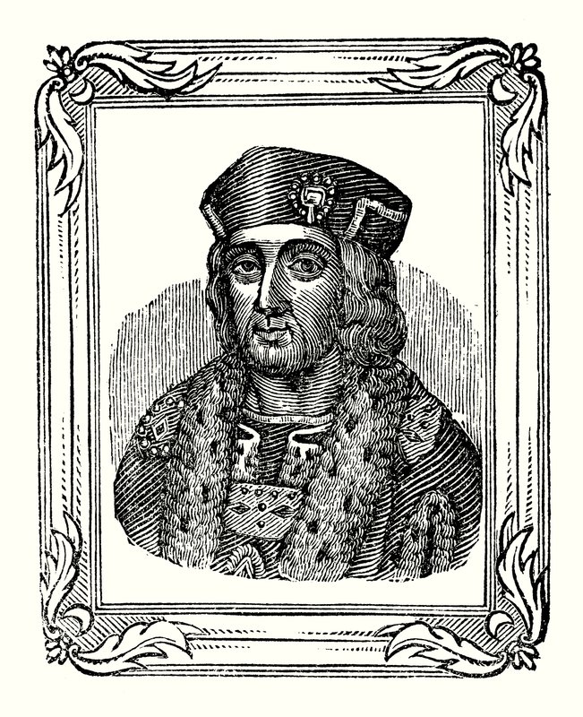 Henrik VII syntyi vuonna 1457, kruunattiin vuonna 1485 ja kuoli vuonna 1509 (kaiverrus) tekijältä English School