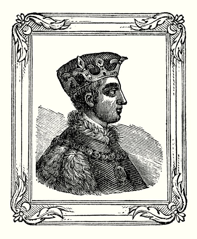 Henrik V syntyi vuonna 1388, kruunattiin vuonna 1413 ja kuoli vuonna 1422 (kaiverrus) tekijältä English School