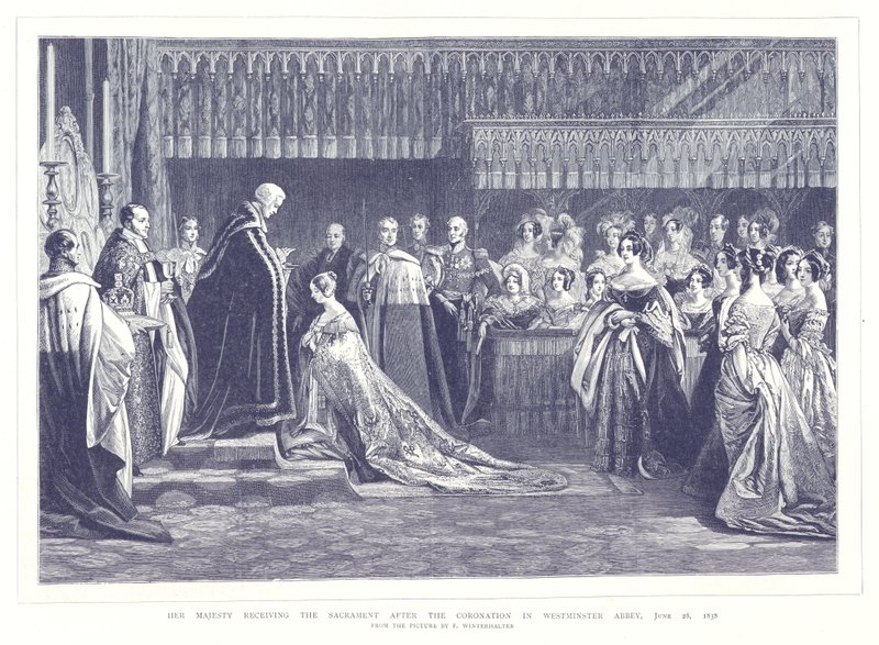 Hänen Majesteettinsa vastaanottamassa sakramentin kruunauksen jälkeen Westminster Abbeyssa, 28. kesäkuuta 1838 tekijältä English School
