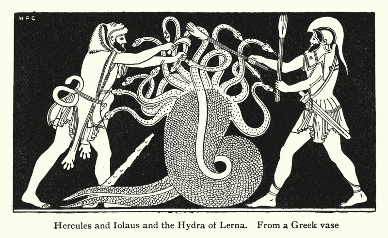 Hercules ja Iolaus ja Lernan hydra (litho) tekijältä English School