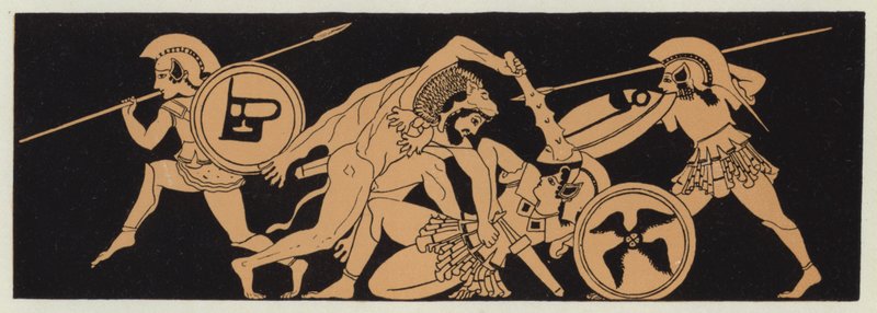 Hercules ottamassa amatsonikuningatar Penthesilean vyötä (värilitografia). tekijältä English School