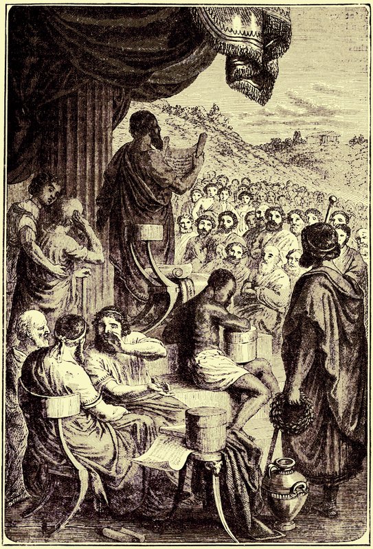 Herodotos lukee historiaansa julkisella festivaaleilla, kuvitus teoksesta The Illustrated History of the World, julkaistu n. 1880 (digitaalisesti paranneltu kuva) tekijältä English School