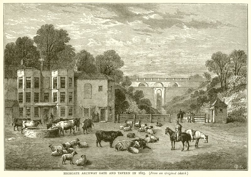 Highgate Archway Gate ja taverna vuonna 1825 tekijältä English School