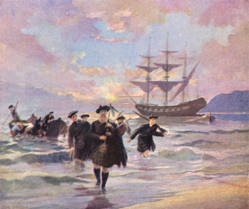 Ylämaan uudisasukkaat saapuvat Pictouhun, Nova Scotiaan, "Hector"-alukselta, 1773 (värilitografia). tekijältä English School