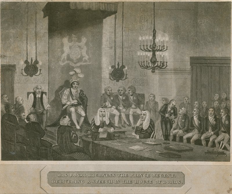 Hänen kuninkaallinen korkeutensa Prinssi Regent pitämässä puhetta House of Lordsissa tekijältä English School