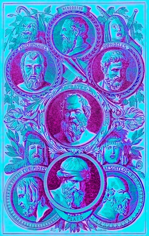 Muinaisen Kreikan historioitsijat, filosofit ja dramaattikot, kuvitus teoksesta The Illustrated History of the World, julkaistu noin 1880 (digitaalisesti paranneltu kuva) tekijältä English School