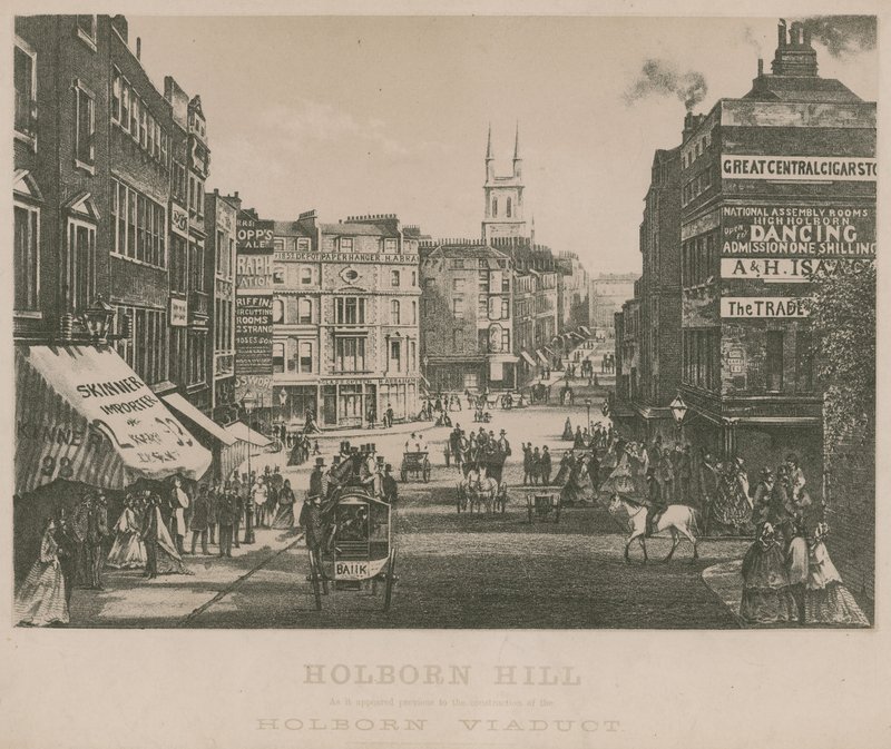 Holborn Hill, sellaisena kuin se näyttää ennen Holbornin maasillan rakentamista tekijältä English School