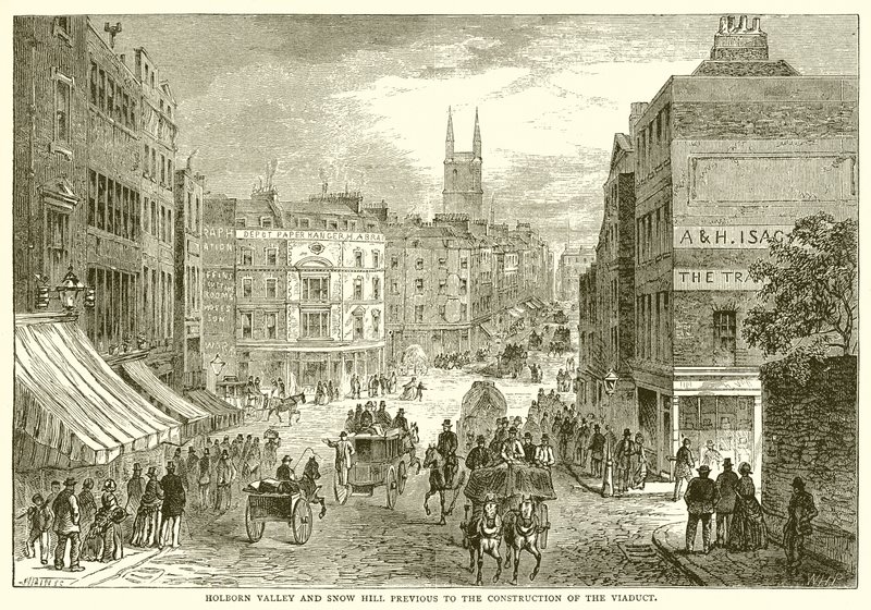 Holborn Valley ja Snow Hill ennen maasillan rakentamista tekijältä English School