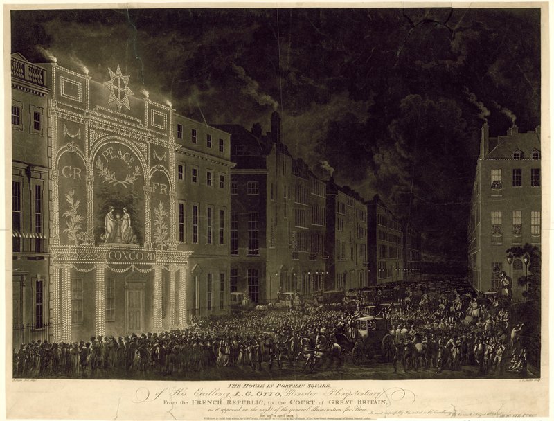Ranskan suurlähettilään talo Portman Squarella, valaistu rauhan kunniaksi, 29. huhtikuuta 1802 tekijältä English School